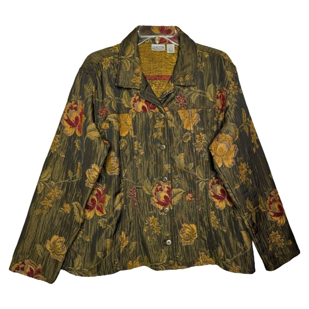 CHICO’S Size 3 Cotton Blend Olive Green, Burgundy, Tan Floral Button Blazer